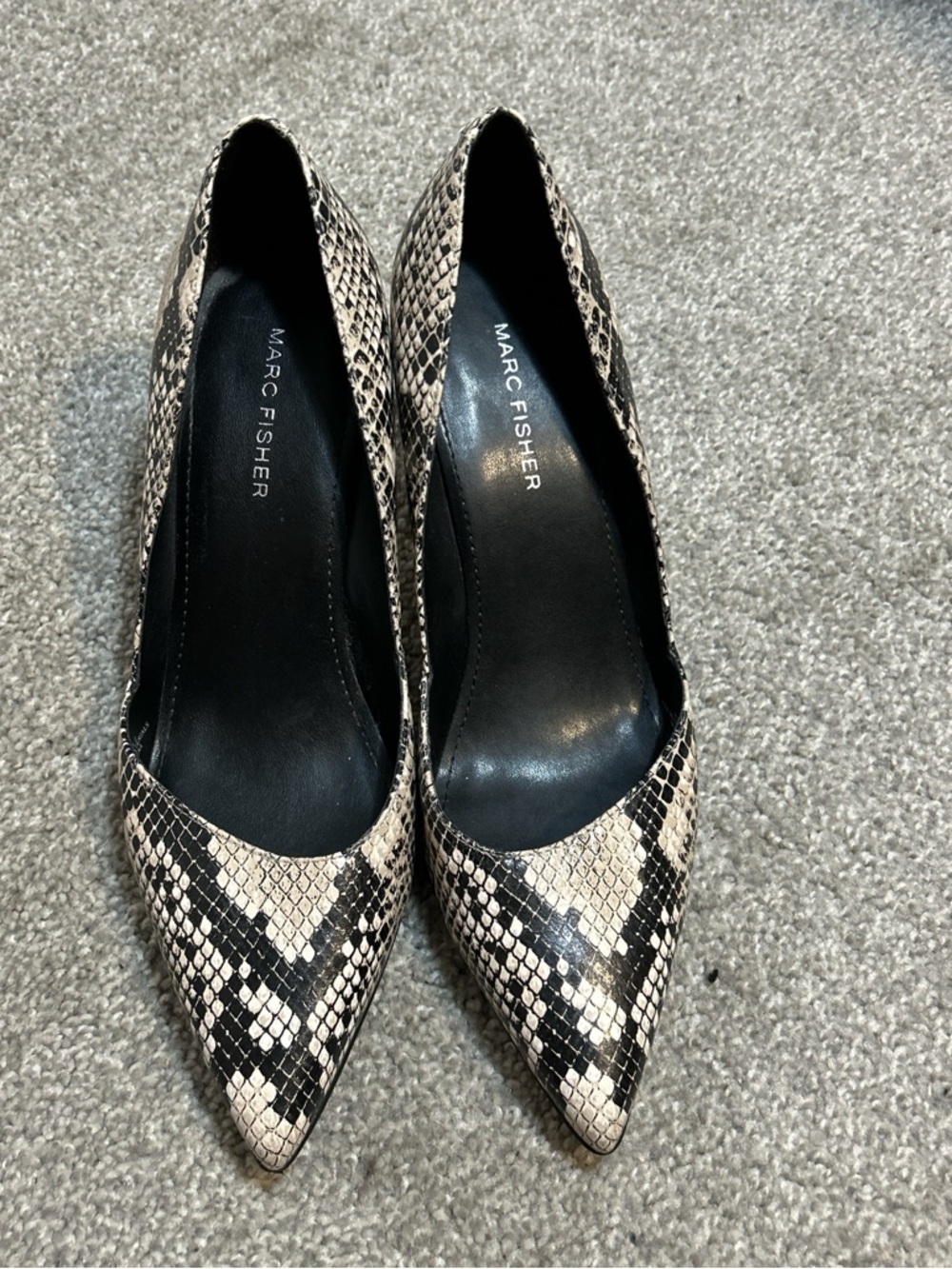 Marc Fisher Black & Cream Snake-Print Pointed Toe Pumps
